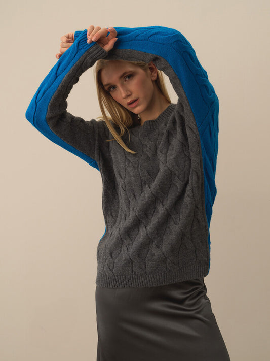 İki Renkli Örgü Detaylı Yün Karışımlı Kazak