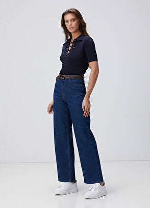 İp Detaylı Lacivert Triko Bluz