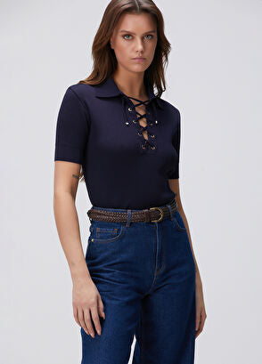 İp Detaylı Lacivert Triko Bluz