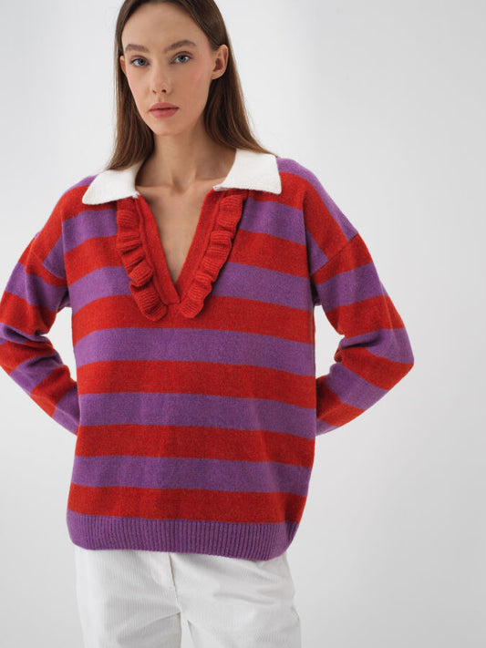 Mohair İçerikli Renkli Çizgili Kazak