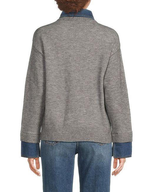 Denim Detaylı Gri Triko Kazak