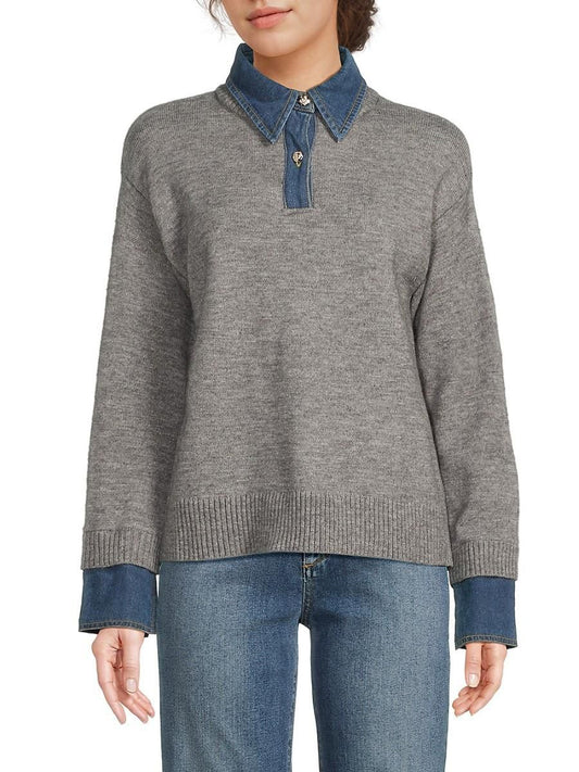 Gri Denim Detaylı Triko Kazak