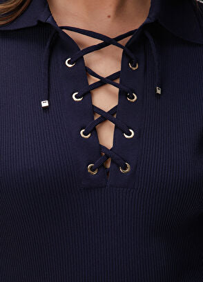 İp Detaylı Lacivert Triko Bluz