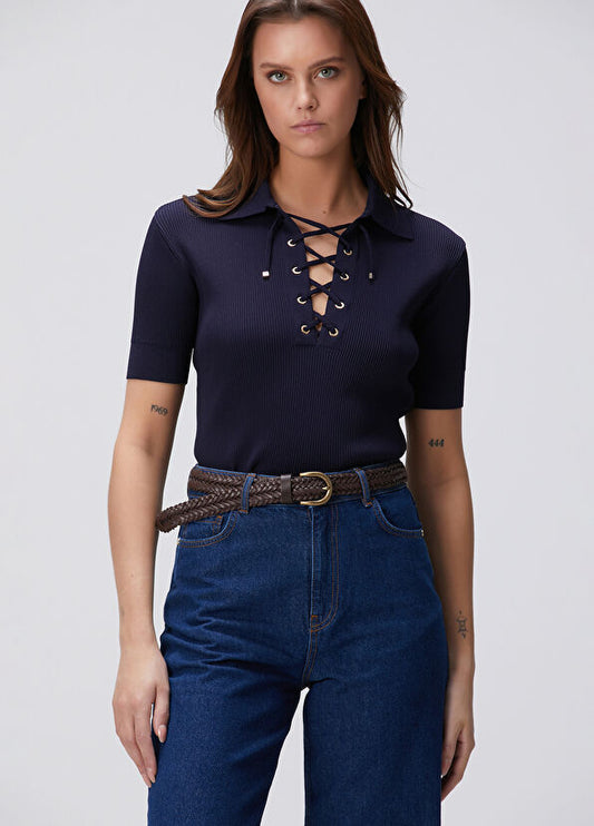 İp Detaylı Lacivert Triko Bluz